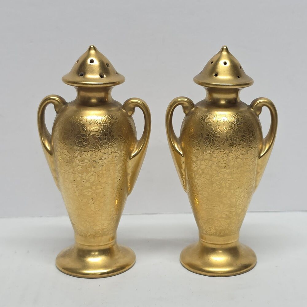Vintage 50s Stouffer 24 Kt Gold Plated Salt/Pepper Shaker ROSE DAISY w Handles - Picture 6 of 9